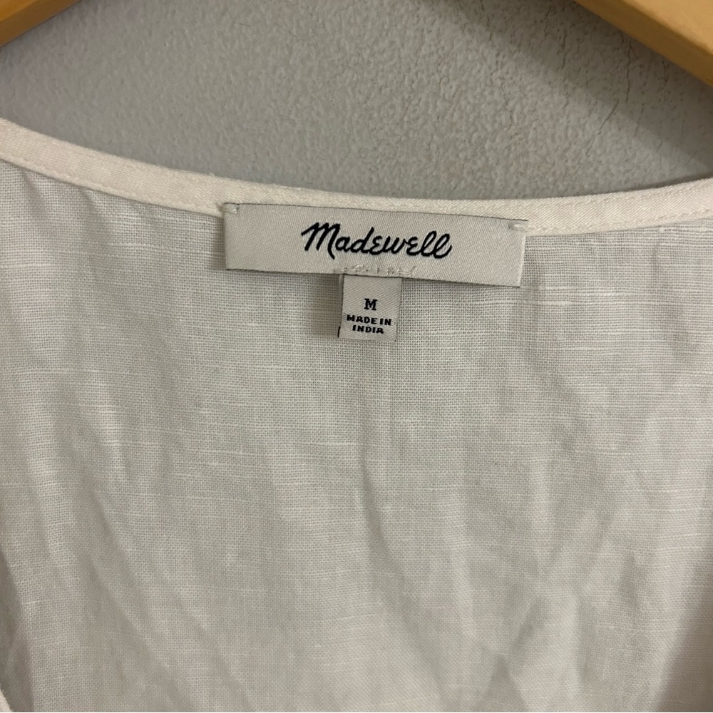 Madewell White Navy Embroidered Linen-Blend Alexandra Button-Front Mini Dress - Picture 8 of 8